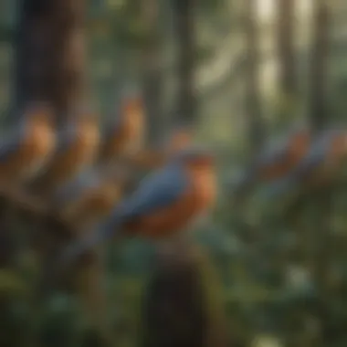 A serene forest scene filled with various bird species engaged in vocalization