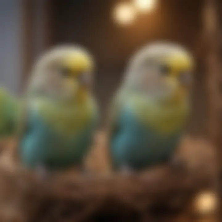 A serene budgerigar nestled in a cozy cage