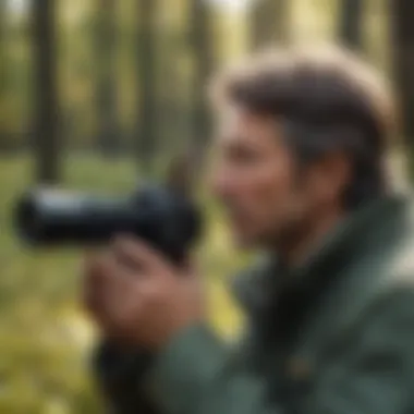 A birdwatcher using a sound identification app in a natural setting.