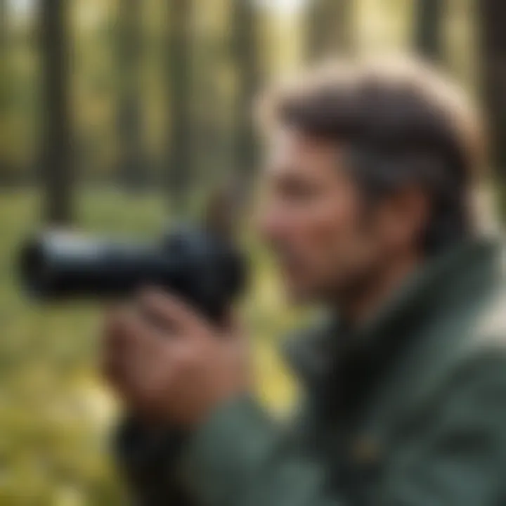 A birdwatcher using a sound identification app in a natural setting.