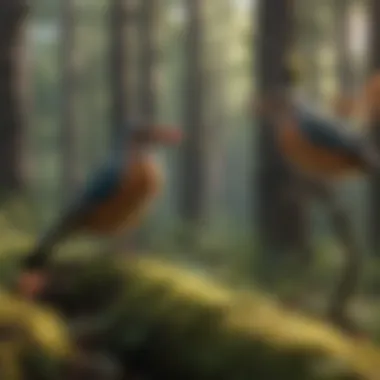 A serene forest scene with various birds communicating through calls.