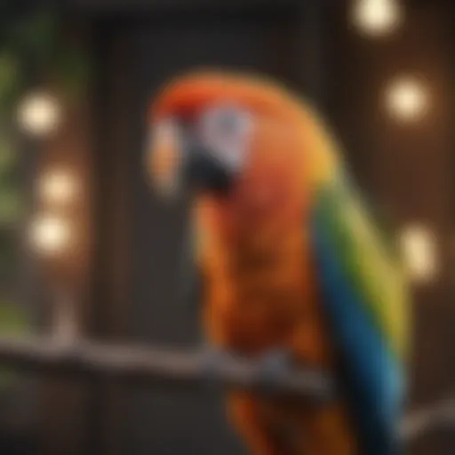 A colorful parrot perched on a branch, vocalizing.