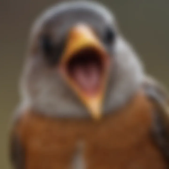 A close-up of a songbird with its beak open, showcasing its call.