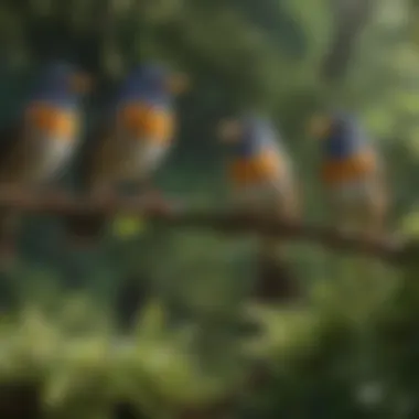 A group of songbirds singing harmoniously in a lush green environment.