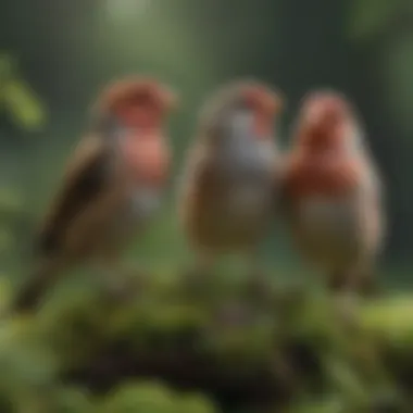 A group of finches socializing in a lush green environment