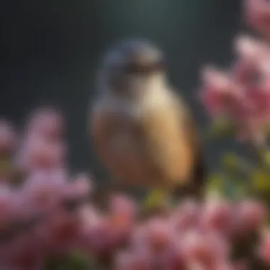 A close-up of a songbird in full song, surrounded by blooming flowers