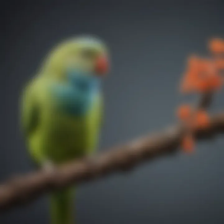 A vibrant parakeet perched on a branch, showcasing its whistling posture