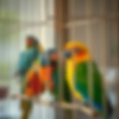 Colorful Pet Birds in a Cage A colorful birdcage showcasing vibrant pet birds, reflecting joy and tranquility.