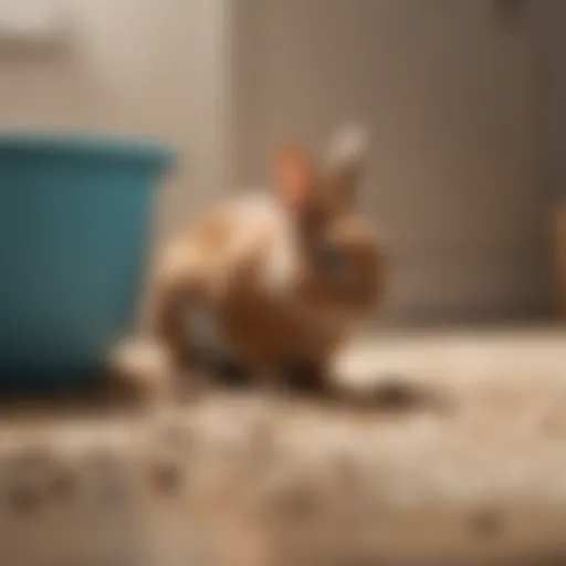 Playful rabbit exploring a litter box