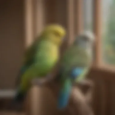 A budgerigar enjoying a moment of tranquility inside a cozy aviary