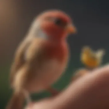 A finch sitting calmly on a hand, enjoying gentle interaction