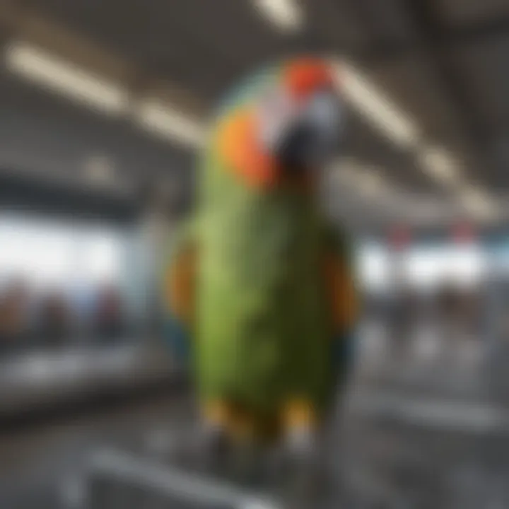 A colorful parrot in a travel cage at an airport