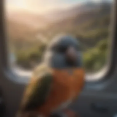 A serene landscape viewed from an airplane window with a pet bird