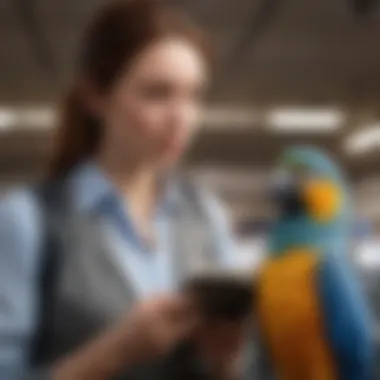 A bird owner checking airline regulations with their pet bird