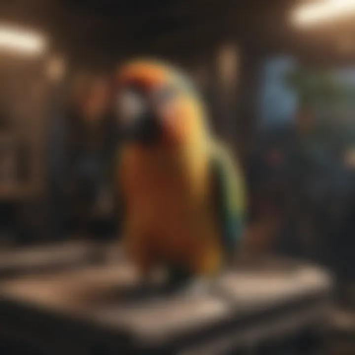 A colorful parrot perched comfortably in a travel carrier