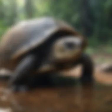 A turtle engaging in natural behavior in its enclosed environment