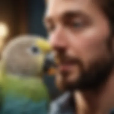 Playful Bonds: A Budgerigar's Joyful Interaction A budgerigar engaging in playful interaction with its owner.
