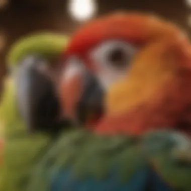 Cuddling Connection: A Parrot and Its Caregiver Close-up of a parrot cuddling with its caregiver, showcasing a bond.