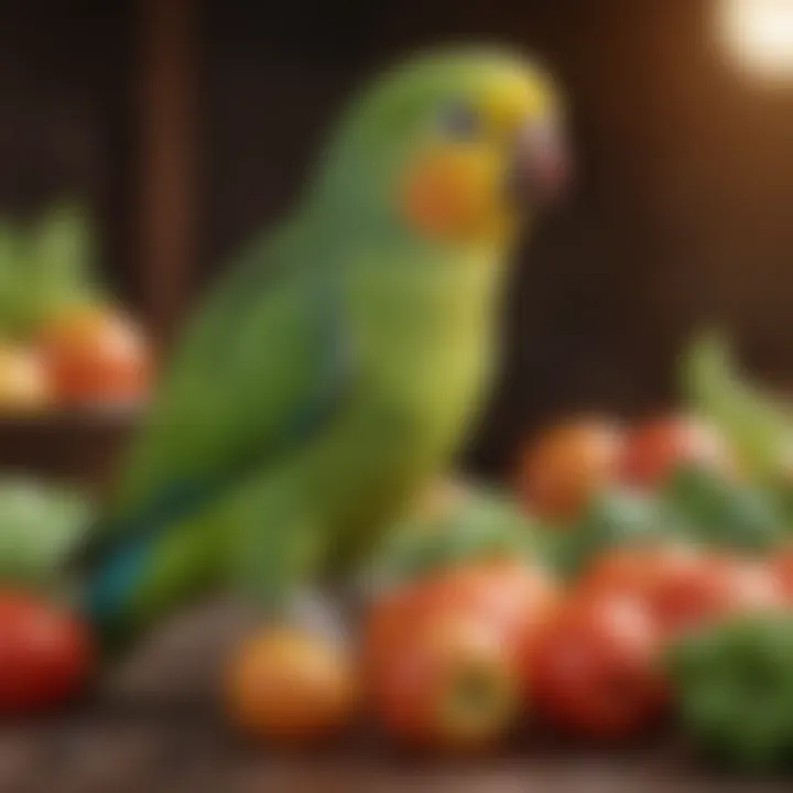 A healthy parakeet enjoying a variety of fresh fruits and vegetables