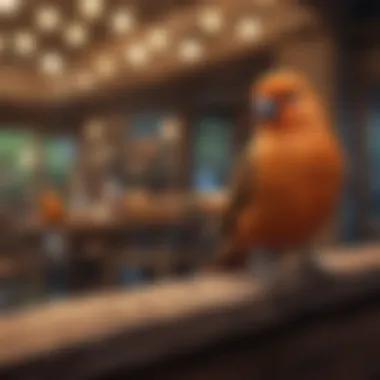 Bird owner observing their pet bird in a cozy environment.