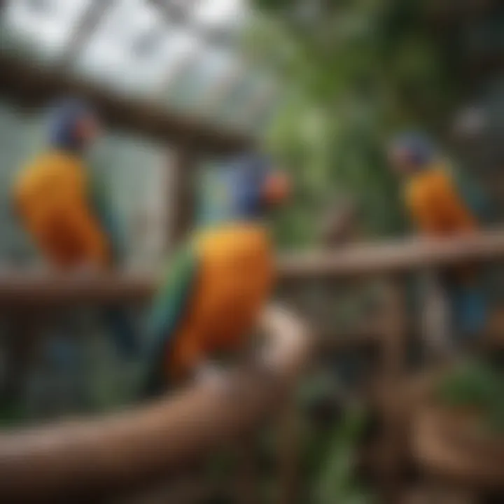 A variety of pet birds in a well-kept aviary, highlighting diverse species.