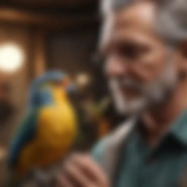 Pet bird interacting with owner in a safe manner