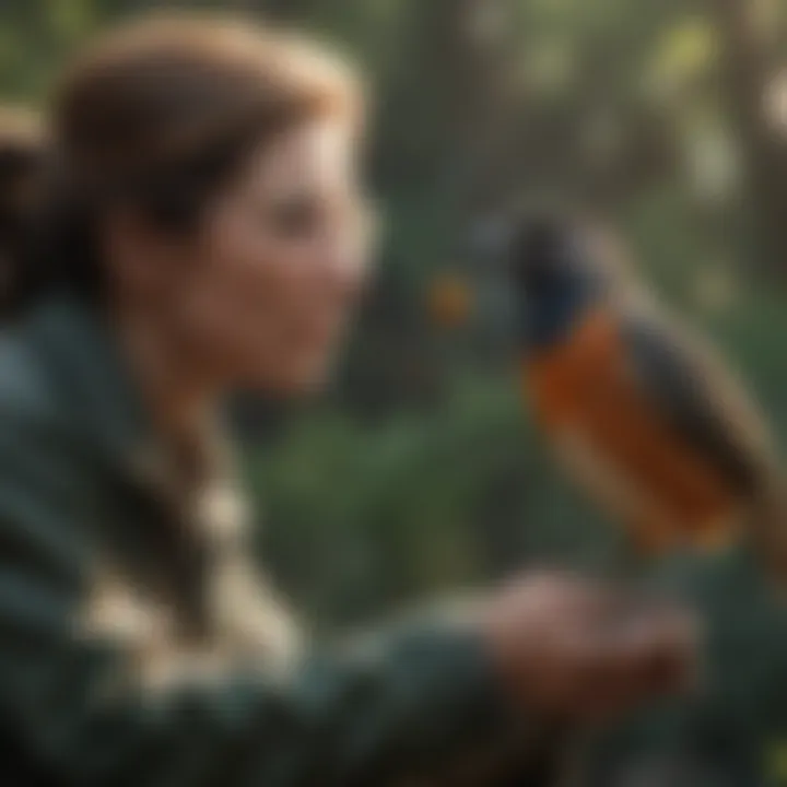 A caregiver engaging with a bird using appropriate techniques