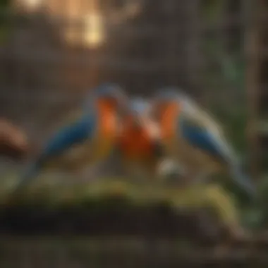 Birds interacting happily within a well-maintained cage