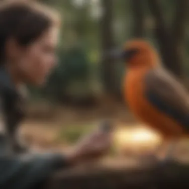 Bird and Caregiver Interaction An engaging moment between a bird and its caregiver, illustrating interaction