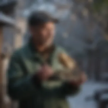 A person maintaining a suet feeder in a backyard