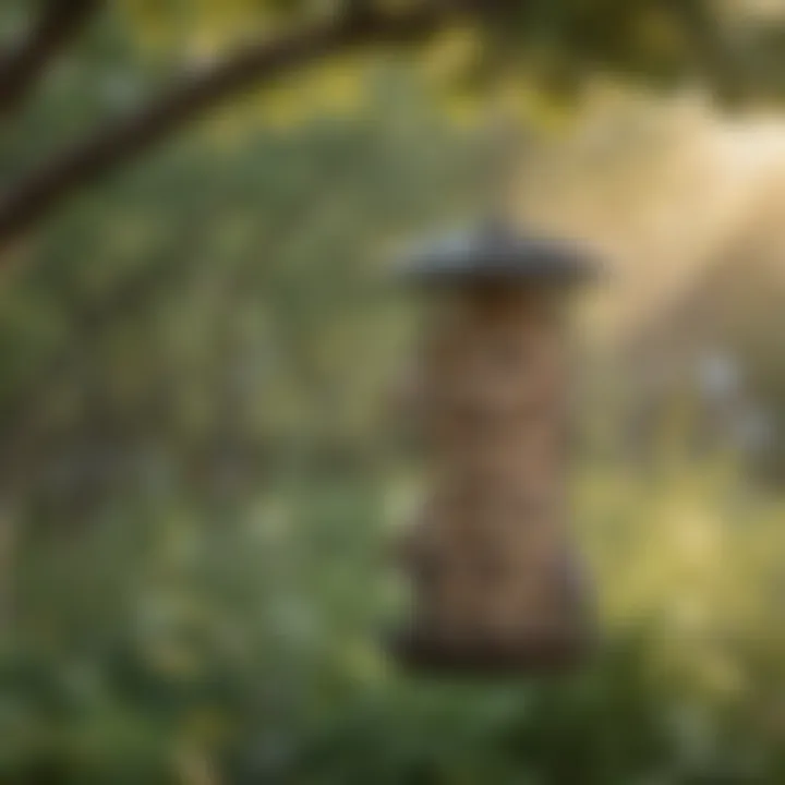 A variety of suet feeders hanging in a garden setting