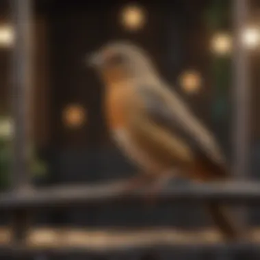 Bird engaging with climbing structures in a play pen