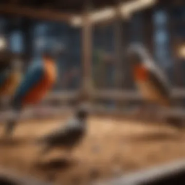 Social Interaction in Play Pens Birds socializing in a spacious play pen environment