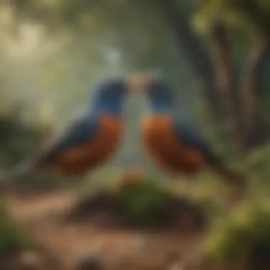 Social Dynamics in Avian Communities An illustration depicting the social interactions among birds within their habitat.