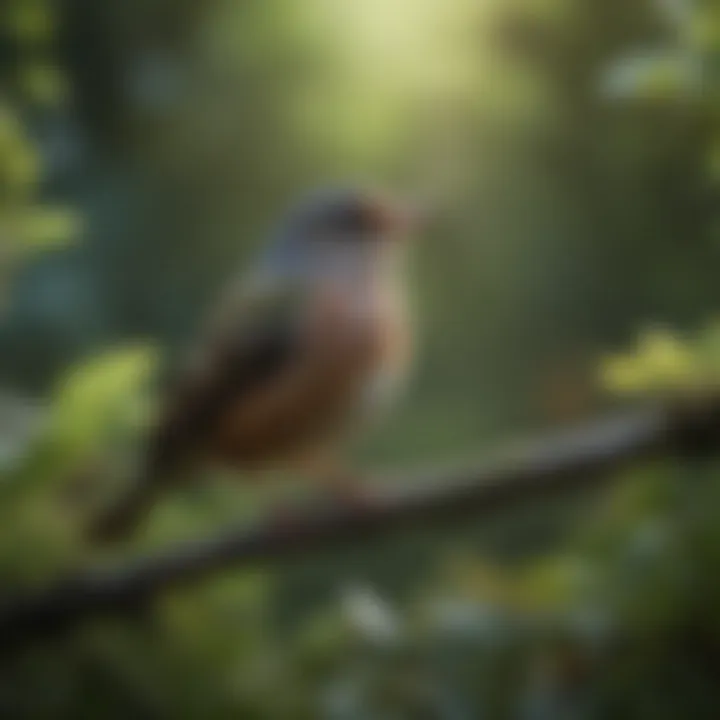 A serene scene of a songbird in a lush garden, singing melodiously