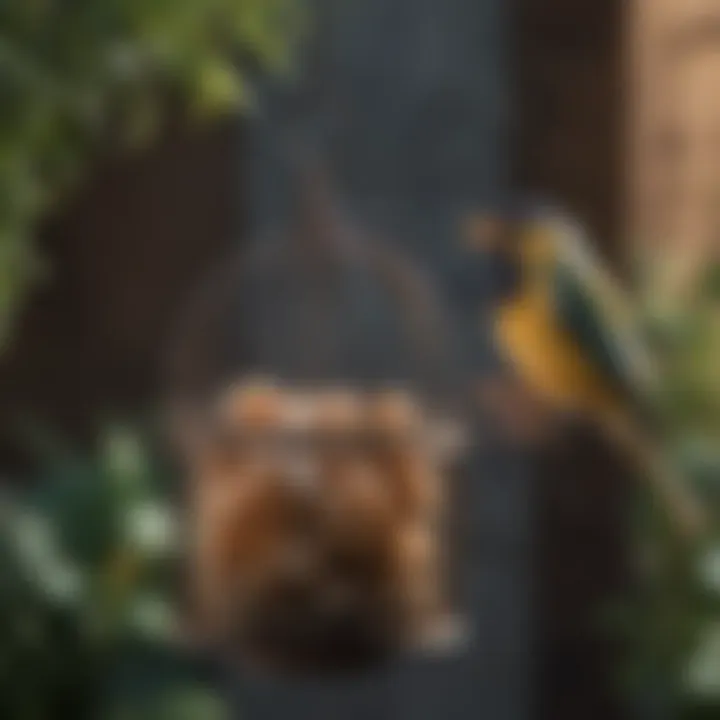 A bird enjoying suet from a hanging suet cage in a garden