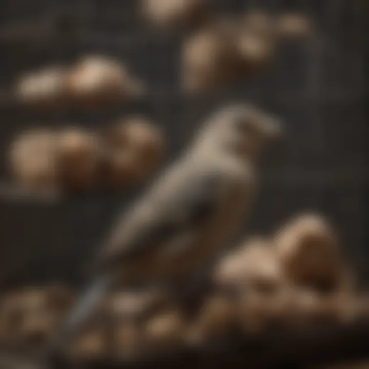 A detailed view of a bird suet cage filled with various suet types