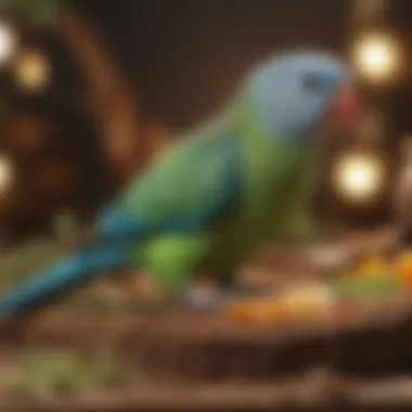 A parakeet engaging in foraging behavior with various food items