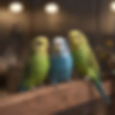 Budgies interacting in a spacious cage