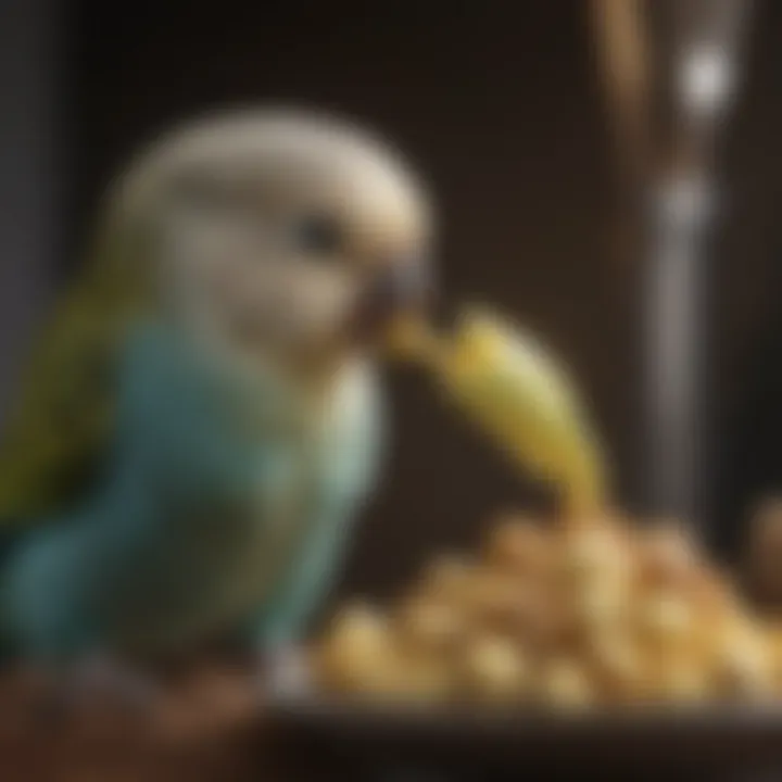 A close-up of a budgie eating a healthy treat, emphasizing nutrition.