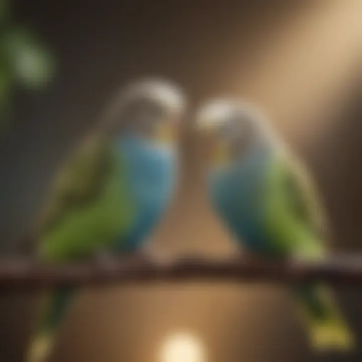 Two budgies interacting playfully, demonstrating their social nature.