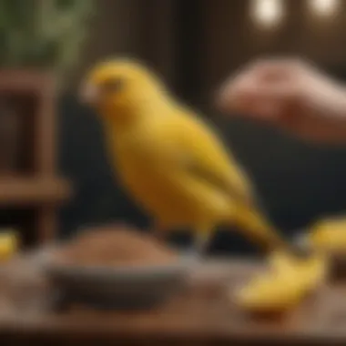 A hand gently offering a variety of seeds to a canary, emphasizing the bond between bird and owner during feeding.