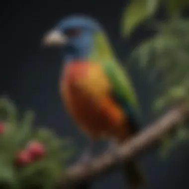 Vibrant Carnivorous Pet Bird A striking illustration of a carnivorous pet bird perched on a branch, showcasing its vibrant feathers.