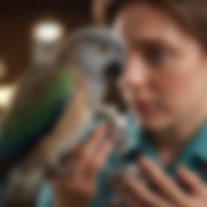 Close-up of a veterinarian examining a pet bird, emphasizing health checks.