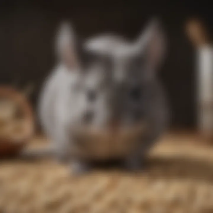 Close-up of a chinchilla enjoying a balanced diet of pellets and hay.