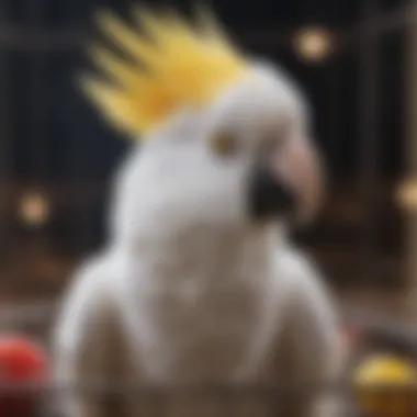 Cockatoo interacting with toys inside its cage