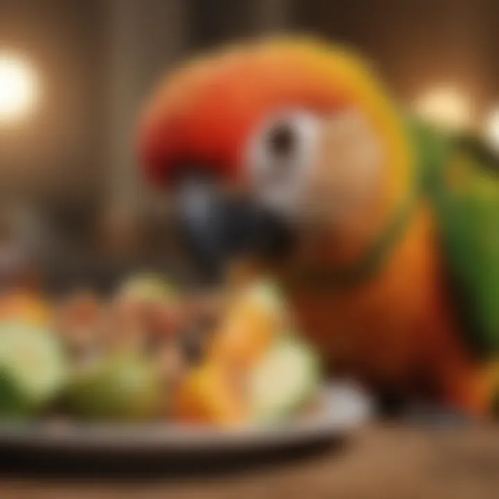 A close-up of a conure enjoying a nutritious meal, illustrating their dietary preferences.