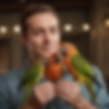 A conure interacting playfully with its owner, highlighting the bond between them.