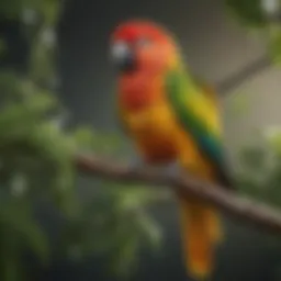 A colorful conure perched on a branch, showcasing its vibrant plumage.