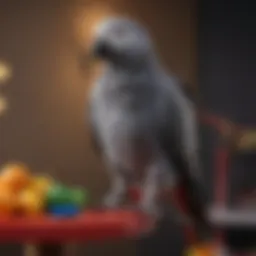 A close-up of an African Grey bird perched on a colorful play stand.